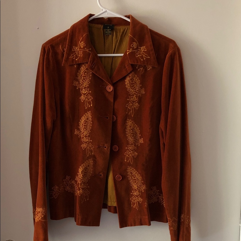 Anthropologie Rust Velvet Button-Front Blazer with Gold Embroidery